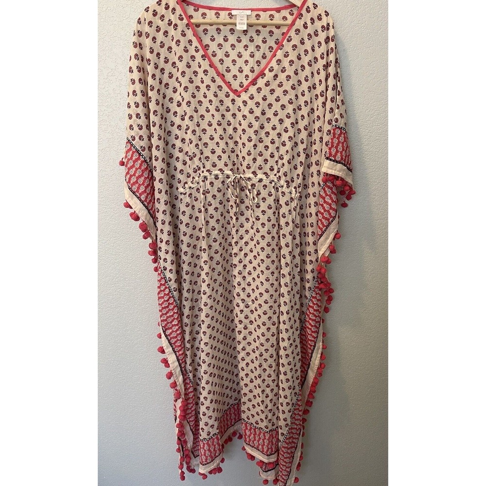 J. Jill Floral Kaftan Pom Pom Maxi Dress Womens Size XL - 3X Beach Coverup